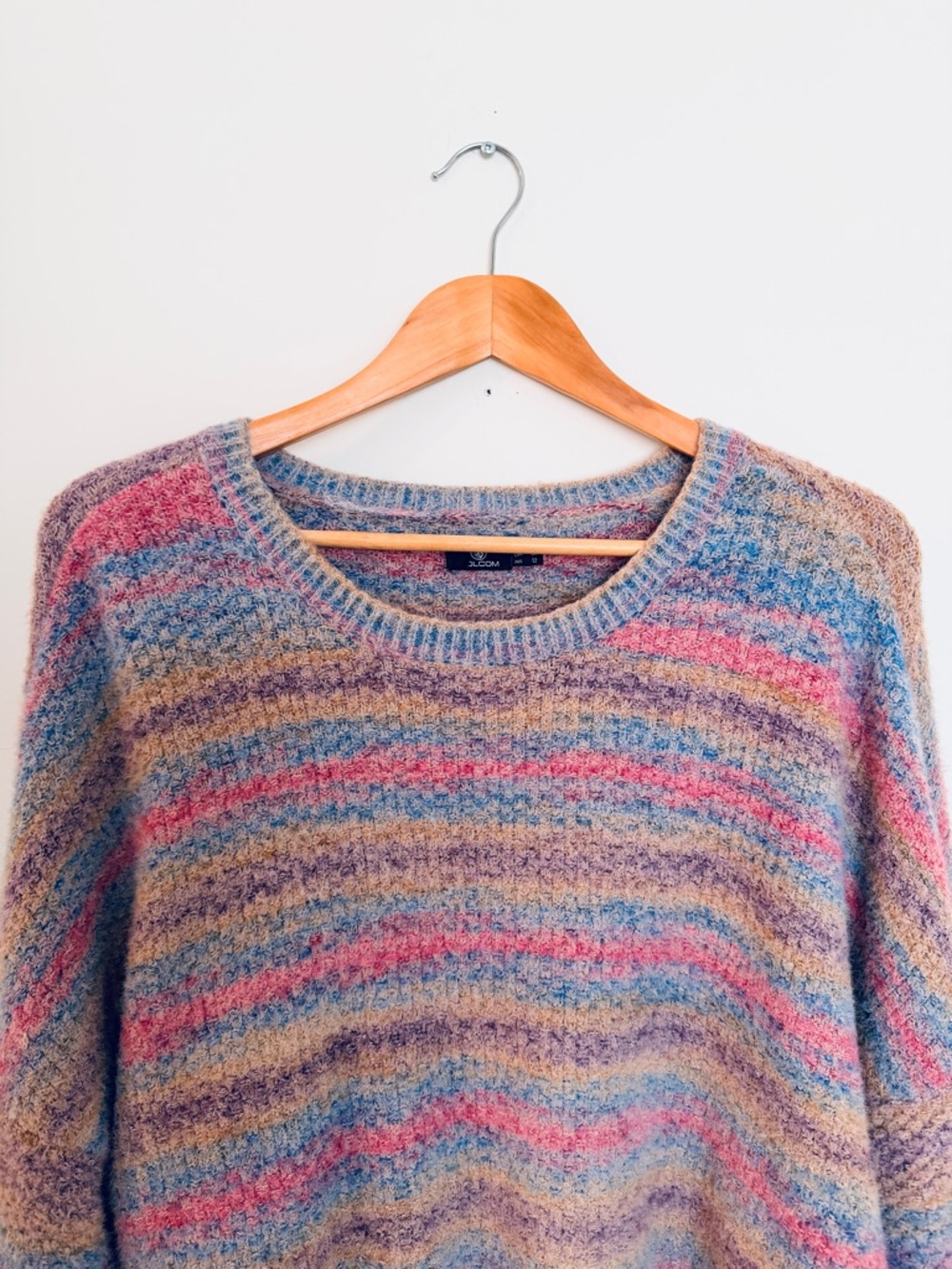 VOLCOM Multicolor Striped Crewneck Sweater — Blue, Pink, Purple, Cream, Tan